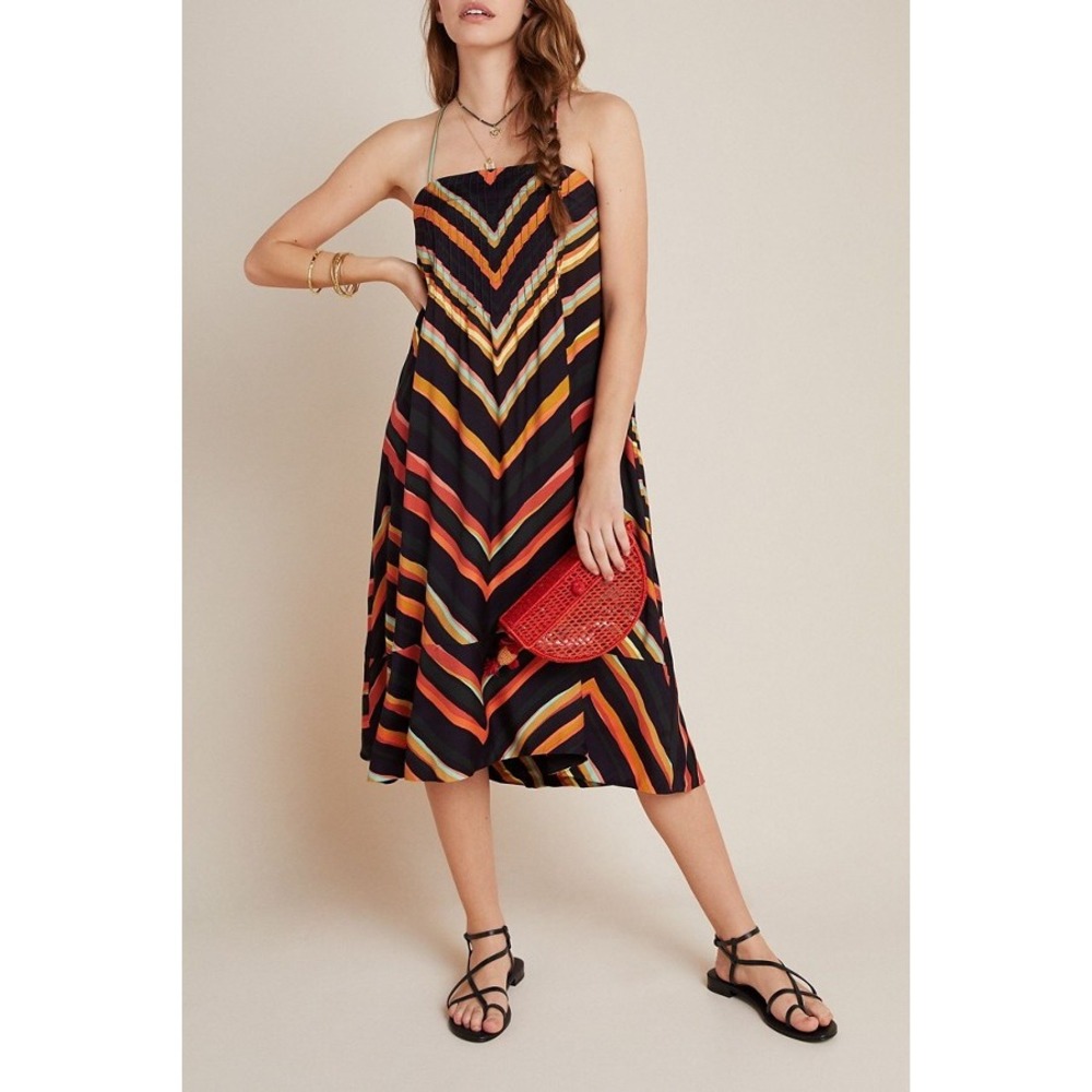 Anthropologie Runi Chevron Stripe Midi Dress Women Large Multi Color Boho Summer